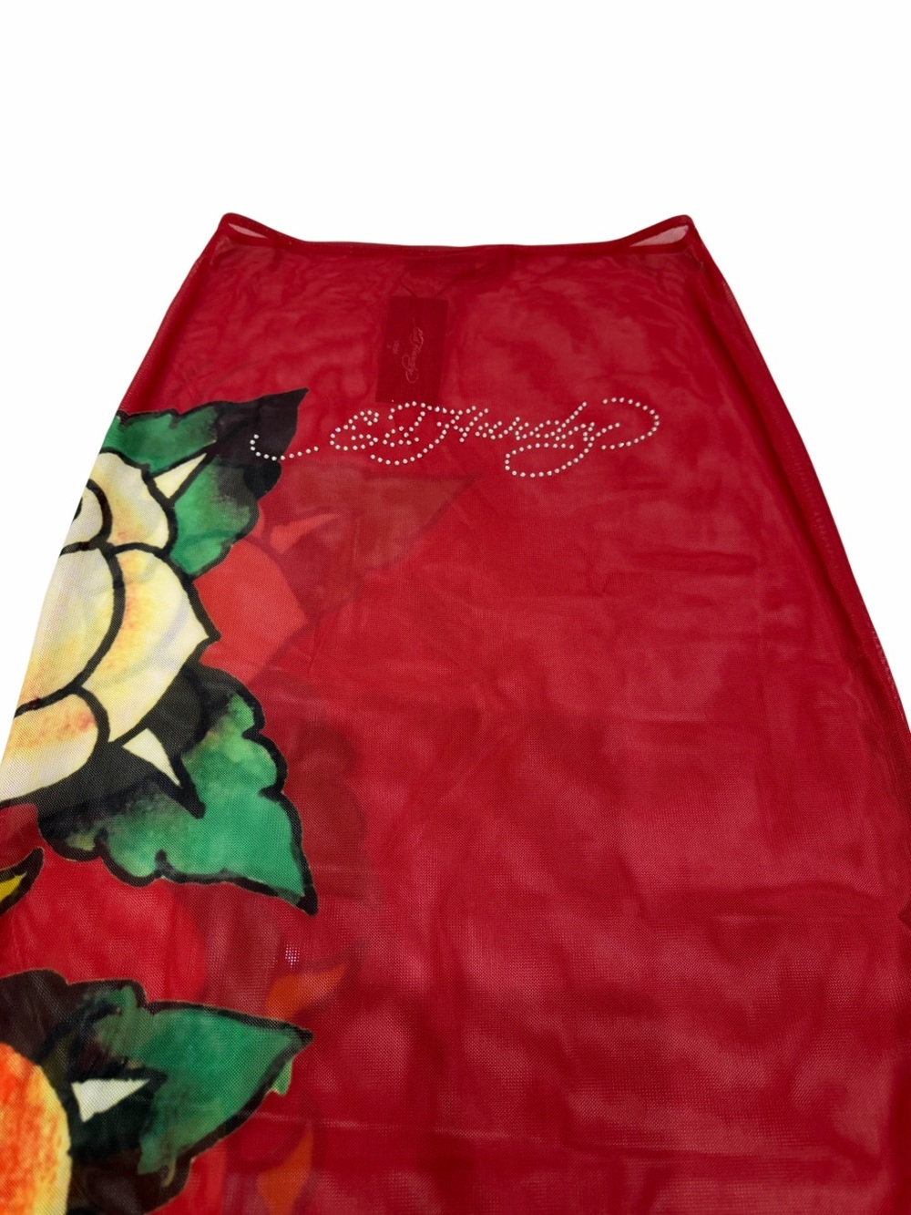 Ed Hardy Red Mesh Cover Up Beach Skirt Set Rose Tattoo Rhinestone Y2K Size M NWT - Picture 4 of 8